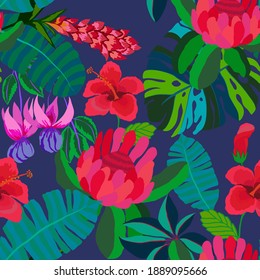 Creative seamless pattern with tropical leaves. Trendy pattern with hand drawn exotic plants. Swimwear botanical design. Jungle exotic summer print.	