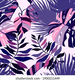 Creative seamless pattern with tropical leaves. Trendy pattern with hand drawn exotic plants. Swimwear botanical design. Jungle exotic summer print.	