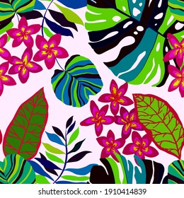 Creative seamless pattern with tropical leaves. Trendy pattern with hand drawn exotic plants. Swimwear botanical design. Jungle exotic summer print.	