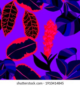 Creative seamless pattern with tropical leaves. Trendy pattern with hand drawn exotic plants. Swimwear botanical design. Jungle exotic summer print.	