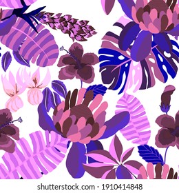 Creative seamless pattern with tropical leaves. Trendy pattern with hand drawn exotic plants. Swimwear botanical design. Jungle exotic summer print.	