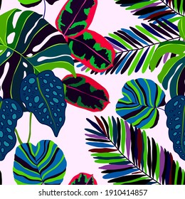 Creative seamless pattern with tropical leaves. Trendy pattern with hand drawn exotic plants. Swimwear botanical design. Jungle exotic summer print.	