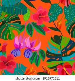 Creative seamless pattern with tropical leaves. Trendy pattern with hand drawn exotic plants. Swimwear botanical design. Jungle exotic summer print.	
