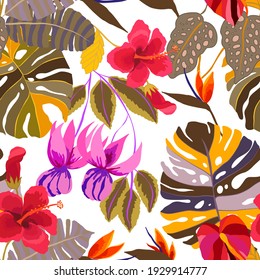 Creative seamless pattern with tropical leaves. Trendy pattern with hand drawn exotic plants. Swimwear botanical design. Jungle exotic summer print.	
