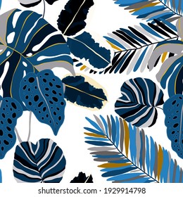 Creative seamless pattern with tropical leaves. Trendy pattern with hand drawn exotic plants. Swimwear botanical design. Jungle exotic summer print.	