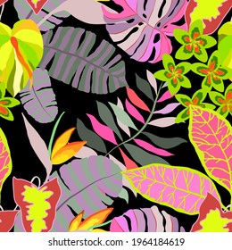 Creative seamless pattern with tropical leaves. Trendy pattern with hand drawn exotic plants. Swimwear botanical design. Jungle exotic summer print.	