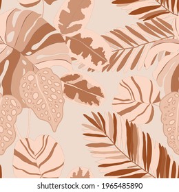 Creative seamless pattern with tropical leaves. Trendy pattern with hand drawn exotic plants. Swimwear botanical design. Jungle exotic summer print.	