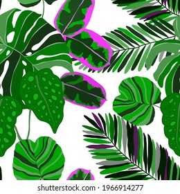 Creative seamless pattern with tropical leaves. Trendy pattern with hand drawn exotic plants. Swimwear botanical design. Jungle exotic summer print.	