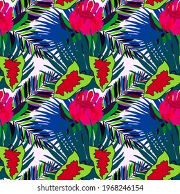 Creative seamless pattern with tropical leaves. Trendy pattern with hand drawn exotic plants. Swimwear botanical design. Jungle exotic summer print.