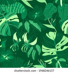 Creative seamless pattern with tropical leaves. Trendy pattern with hand drawn exotic plants. Swimwear botanical design. Jungle exotic summer print.