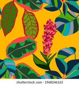 Creative seamless pattern with tropical leaves. Trendy pattern with hand drawn exotic plants. Swimwear botanical design. Jungle exotic summer print.