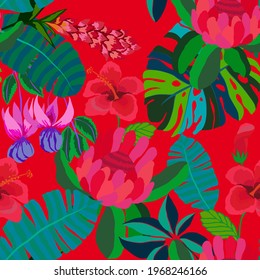 Creative seamless pattern with tropical leaves. Trendy pattern with hand drawn exotic plants. Swimwear botanical design. Jungle exotic summer print.