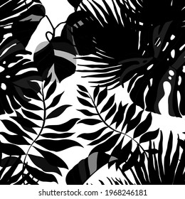 Creative seamless pattern with tropical leaves. Trendy pattern with hand drawn exotic plants. Swimwear botanical design. Jungle exotic summer print.