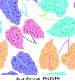 Creative seamless pattern with tropical leaves. Trendy pattern with hand drawn exotic plants. Swimwear botanical design. Jungle exotic summer print.