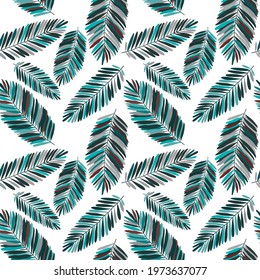 Creative seamless pattern with tropical leaves. Trendy pattern with hand drawn exotic plants. Swimwear botanical design. Jungle exotic summer print.	
