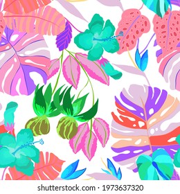 Creative seamless pattern with tropical leaves. Trendy pattern with hand drawn exotic plants. Swimwear botanical design. Jungle exotic summer print.	