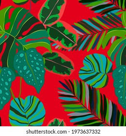 Creative seamless pattern with tropical leaves. Trendy pattern with hand drawn exotic plants. Swimwear botanical design. Jungle exotic summer print.	