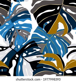 Creative seamless pattern with tropical leaves. Trendy pattern with hand drawn exotic plants. Swimwear botanical design. Jungle exotic summer print.	