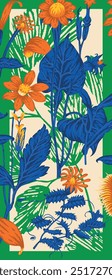 Creative seamless pattern with tropical leaves and flowers. Trendy texture with hand drawn exotic plants.