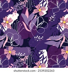 Creative seamless pattern with tropical leaves and flowers. Trendy texture with hand drawn exotic plants. Illustration background.