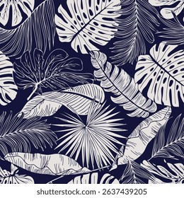 Creative seamless pattern with tropical plants. Modern exotic design for paper, cover, fabric. Vector illustration