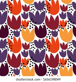 Creative seamless pattern with Tulip flowers and dots on a white background. Colorful floral print in a simple hand-drawn style. Trendy fashion template. Modern graphic design. Vector illustration.