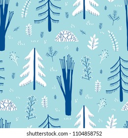 Creative seamless pattern. Universal forest background. Hand drawn textures. Trendy artistic graphic for poster, card, cover, invitation, wrap paper, textile or web design. Vector doodle illustration.