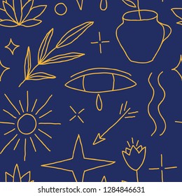 Creative seamless pattern. Universal mystic background. Hand drawn textures. Trendy sacred graphic for poster, card, cover, invitation, wrap paper, textile or web design. Vector doodle illustration.