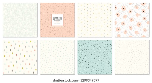 Creative seamless patterns and prints set.  For fashion kid's wear, T-shirts, posters, cards, scrapbooking, birthday and party invitations. Vector illustration.