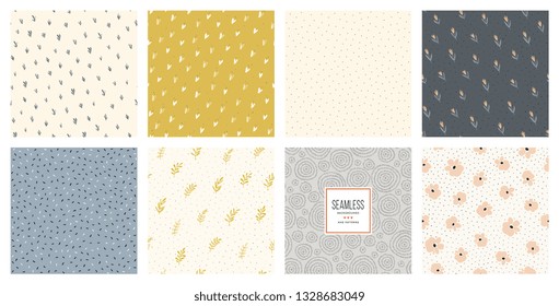 Creative seamless patterns and prints set.  For fashion kid's wear, T-shirts, posters, cards, scrapbooking, birthday and party invitations. Vector illustration.