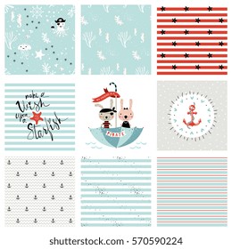 Creative seamless patterns and prints set. Pirate and marine design. For fashion kid's wear, T-shirts, posters, cards, scrapbooking, birthday and party invitations. Vector illustration. 