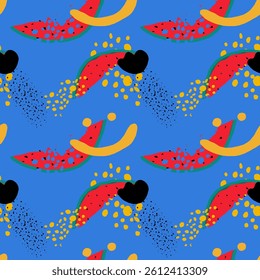 Creative seamless summer hand drawn pattern in childish doodle style with different shapes and textures, trendy color palette on blue background. Watermelon in childish style, smiley, doodle. Vector
