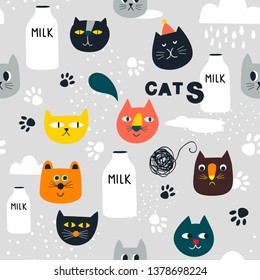 Creative seamless surface design with cats and bottles of milk. Retro endless pattern in colorful scandinavian style.