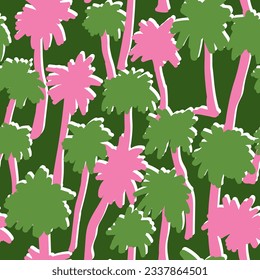 Creative seamless tropical pattern with palm tree. Exotic leaves background. Summer floral backdrop. Doodle style design for fabric, textile print, surface, wrapping, cover.