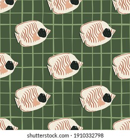 Creative seamless underwater pattern with doodle butterfly fish print. Green olive background with check. Decorative backdrop for fabric design, textile print, wrapping, cover. Vector illustration.