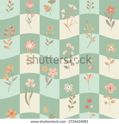 A creative and seamless wavy checkerboard pattern pastal color with charming small floral motifs on green background, creating a fusion of geometric and botanical styles for modern textiles.