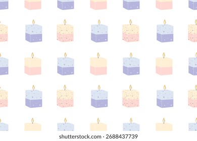 Kreatives, nahtloses Wachskerzenmuster auf weißem Hintergrund. Handgemachte Kerze, Aromatherapie, Entspannung, Meditation. Lila und cremefarben. Für Tapeten, Textilien, Verpackungen, Hintergrund oder Website.