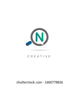 Creative Search Letter N Logo with Magnifying Glass Element. Design Vector Illustration Template