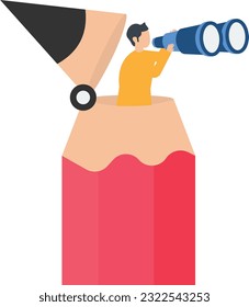 Creative searching for ideas or inspiration, Research or imagination for designer and writer, Discovering creativity, content or solution, Creative man with pencil use as telescope to see vision

