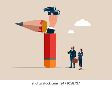 Creative searching and inspiration. Businessman with binoculars researching discover content and solutions concept. Flat vector illustration