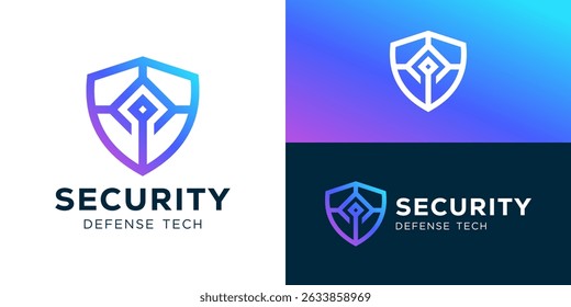 Creative security defense tech logo template. Shield with technology symbol for Cyber security logo design vector illustration.