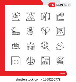Conjunto creativo de 16 iconos de contorno universal aislados en fondo blanco.