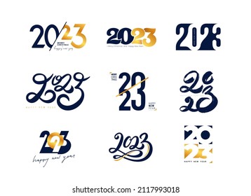 Creative set of 2023 Happy New Year logo design. Number 2023 design template. Christmas decoration 2023 Happy New Year symbols. Vector illustration with gold labels. Isolated on white background.