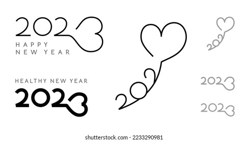 Creative set of 2023 Happy New Year logos in Heart shape design. Handmade icons for wish of love, health and care for Christmas and New Year greetings.