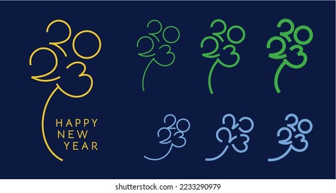 Creative set of 2023 New Year handmade icons shaped to Four leaf clover design. Wish of good Luck for Christmas and Happy New Year greetings.