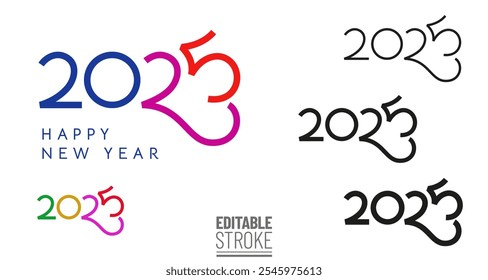 Creative set of 2025 Happy New Year logos in Heart shape design. Handmade icons for wish of love, health and care for Christmas and New Year greetings. Editable Stroke.