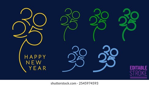 Creative set of 2025 New Year handmade icons shaped to Four leaf clover design. Wish of good Luck for Christmas and Happy New Year greetings. Editable Stroke.