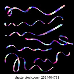 A creative set of 3D tapes in holographic shades on a black background. The blue, pink and yellow palette creates a work of modern art that amazes the imagination