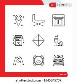 Conjunto creativo de 9 iconos de contorno universal aislados en fondo blanco.