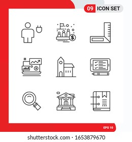 Creative Set of 9 Universal Outline Icons isolated on White Background.